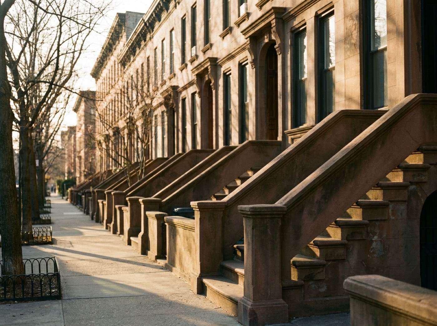 A row of Brooklyn brownstones with stoops stepping down a quiet residential block