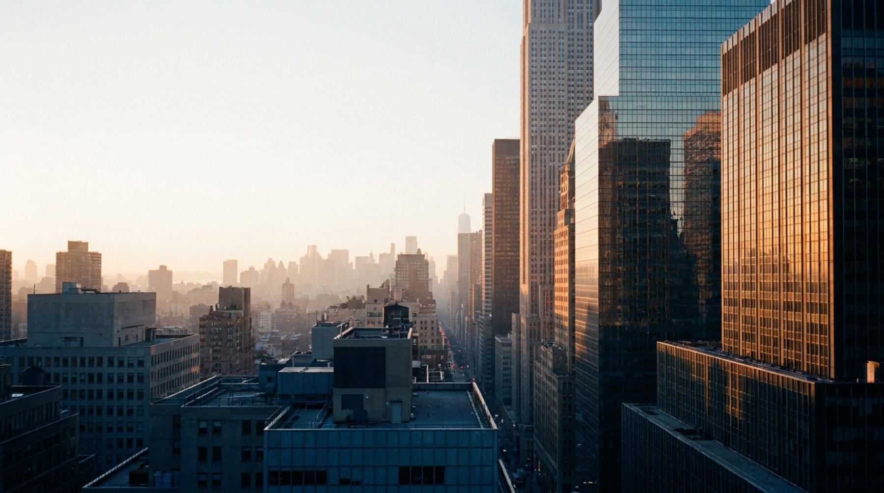 Midtown Manhattan skyline at golden hour, towers receding down an avenue into haze